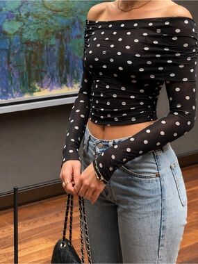 Off Shoulder Mesh Polka Dot Top
